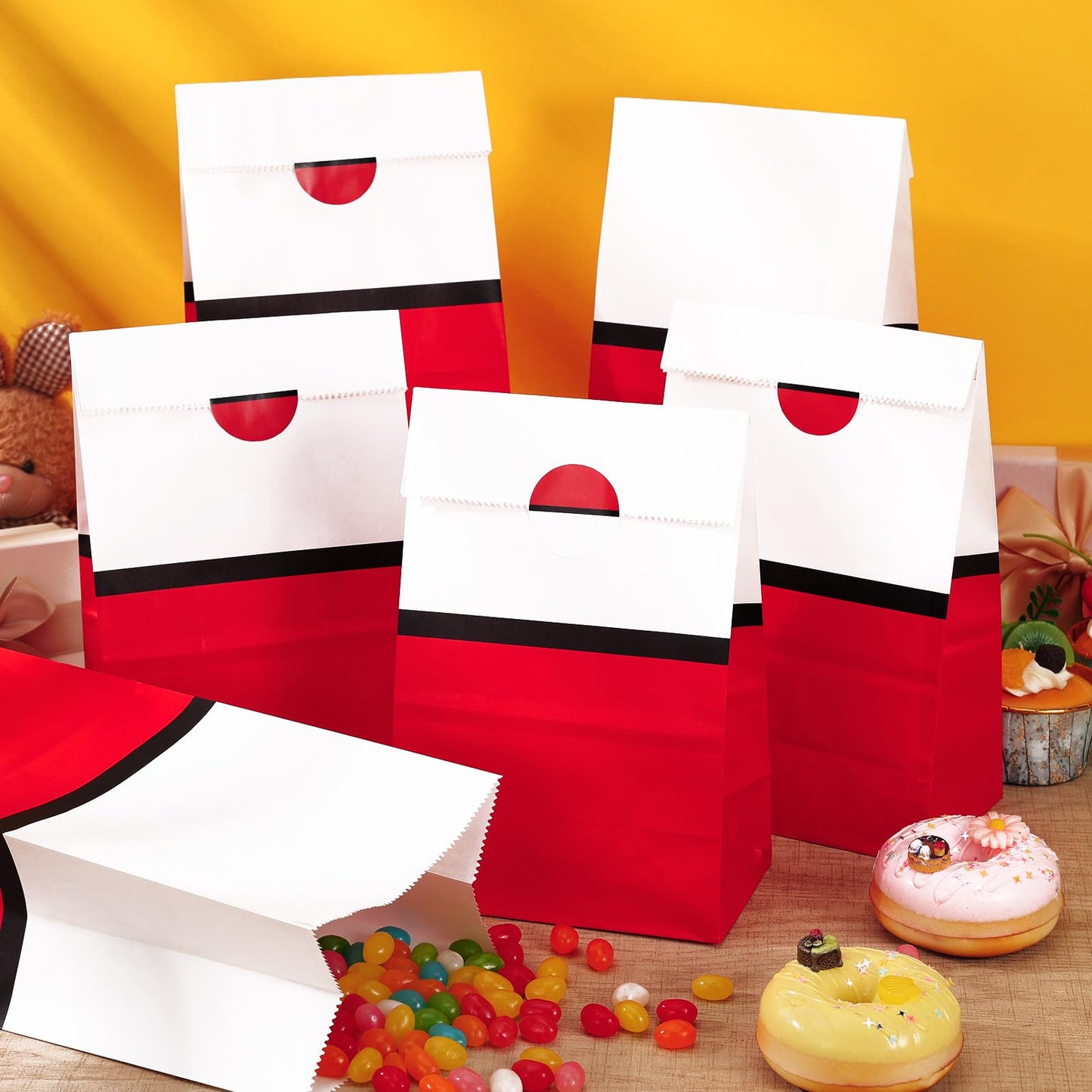 Joottuan 24 Pcs Cartoon Goodie Bags Red White Candy Bags with 24 Stickers Paper Gift Bag Decorations for Birthday Holiday Event Supplies Gift Fillers