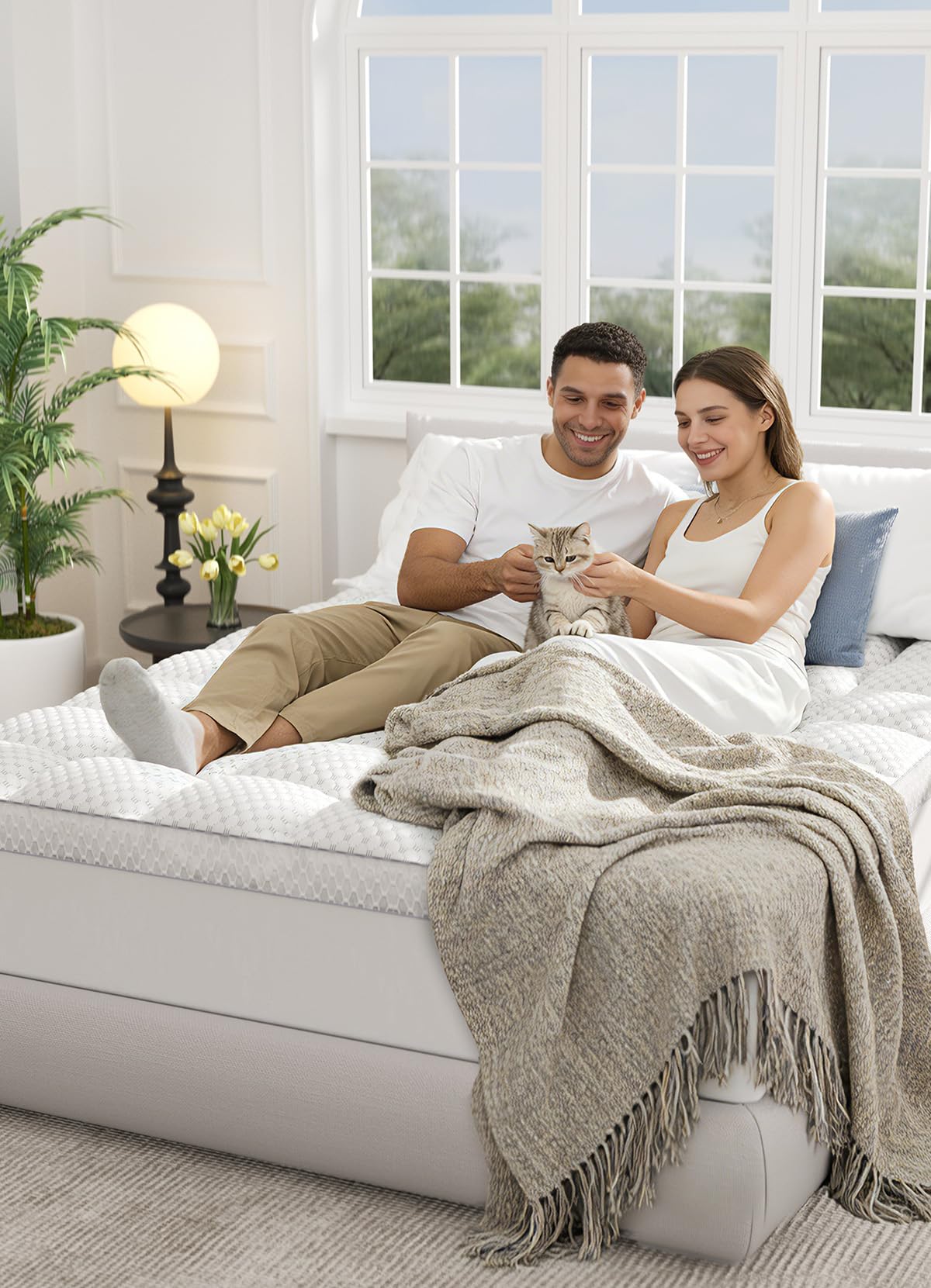 BEDELITE Queen Mattress Topper 3 Inch Thick Mattress Pad, Plush Pillow Top Bed Cover with Elastic Deep Pockets Up to 6-24 Inch for Pressure Relief, Shredded Memory Foam Filling (White)