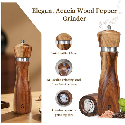 Haomacro Salt and Pepper Grinder Set of 2,8Inch Updated Wooden Pepper Mill Shaker,Modern Oak Wood Salt Mill Pepper Grinder Set Refillable with Adjustable Ceramic Rotor