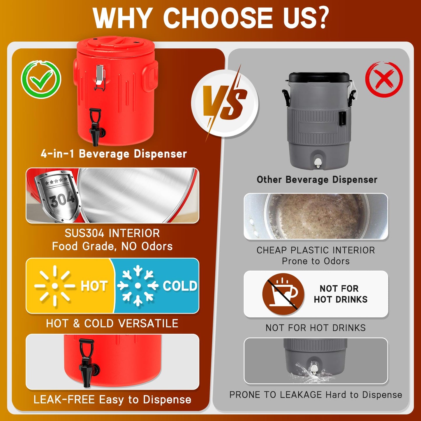 Insulated Beverage Dispenser 8.5 Gallon - Ice and Hot Drink Dispenser with 304 Stainless Steel Interior and Spout, Portable Hot Water Dispenser, Outdoors Cooler Jug for Camping Party Sports
