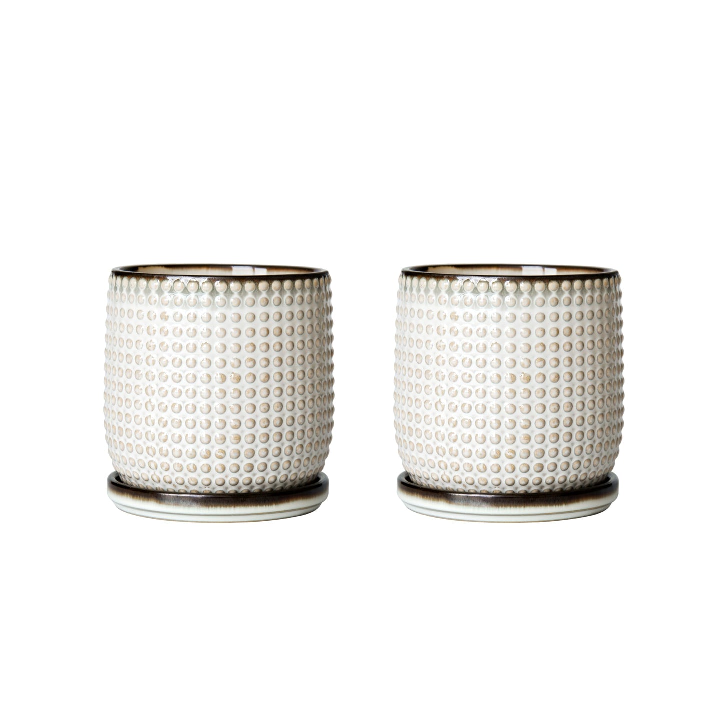 D'vine Dev Set of 2 Ceramic Plants Pots, 4 Inch Beaded Stoneware Flower Pot for Plants with Drainage Hole and Saucer, Smoked White, 27-E-Z-1