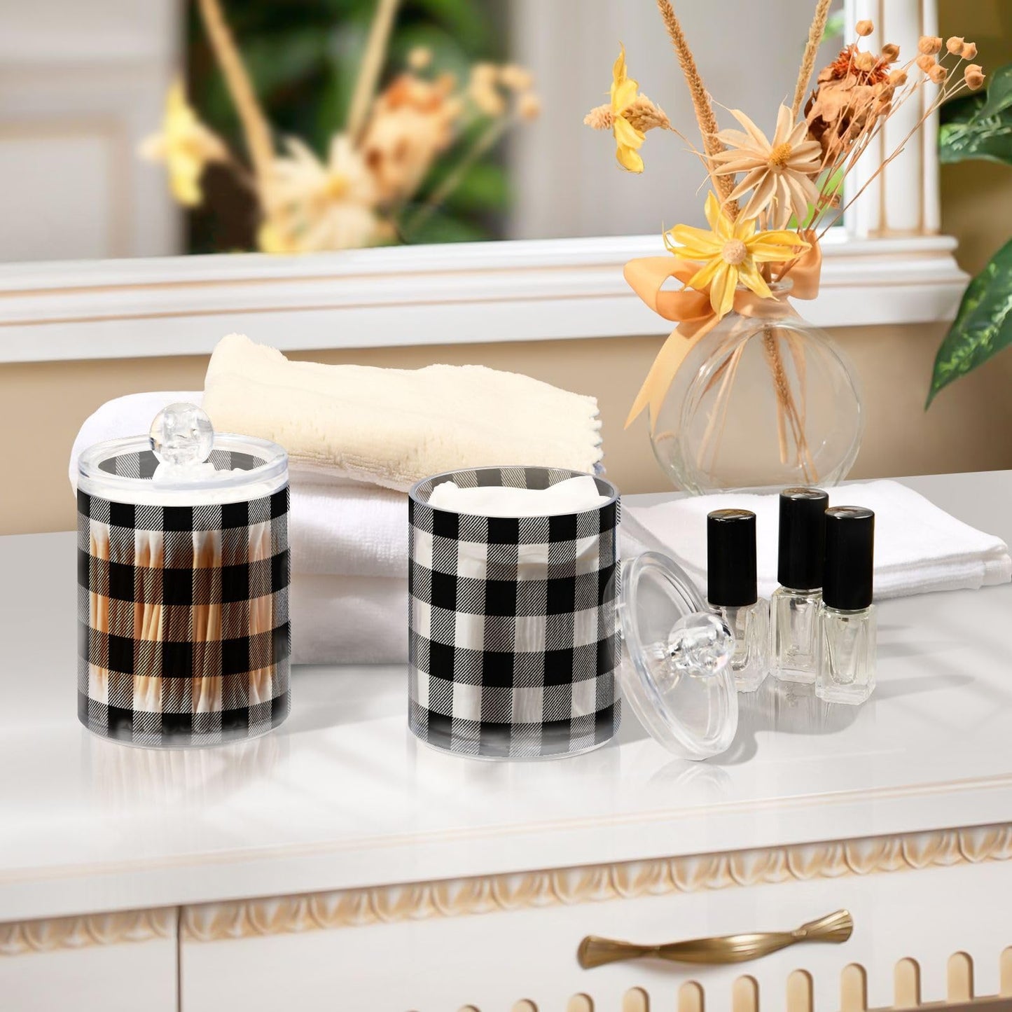 Gravopti Black and White Buffalo Plaid 14oz Storage Jars with Lids, Clear Plastic Airtight Kitchen Food Canisters for Candy, Salt, Coffee Beans, 2 Pack