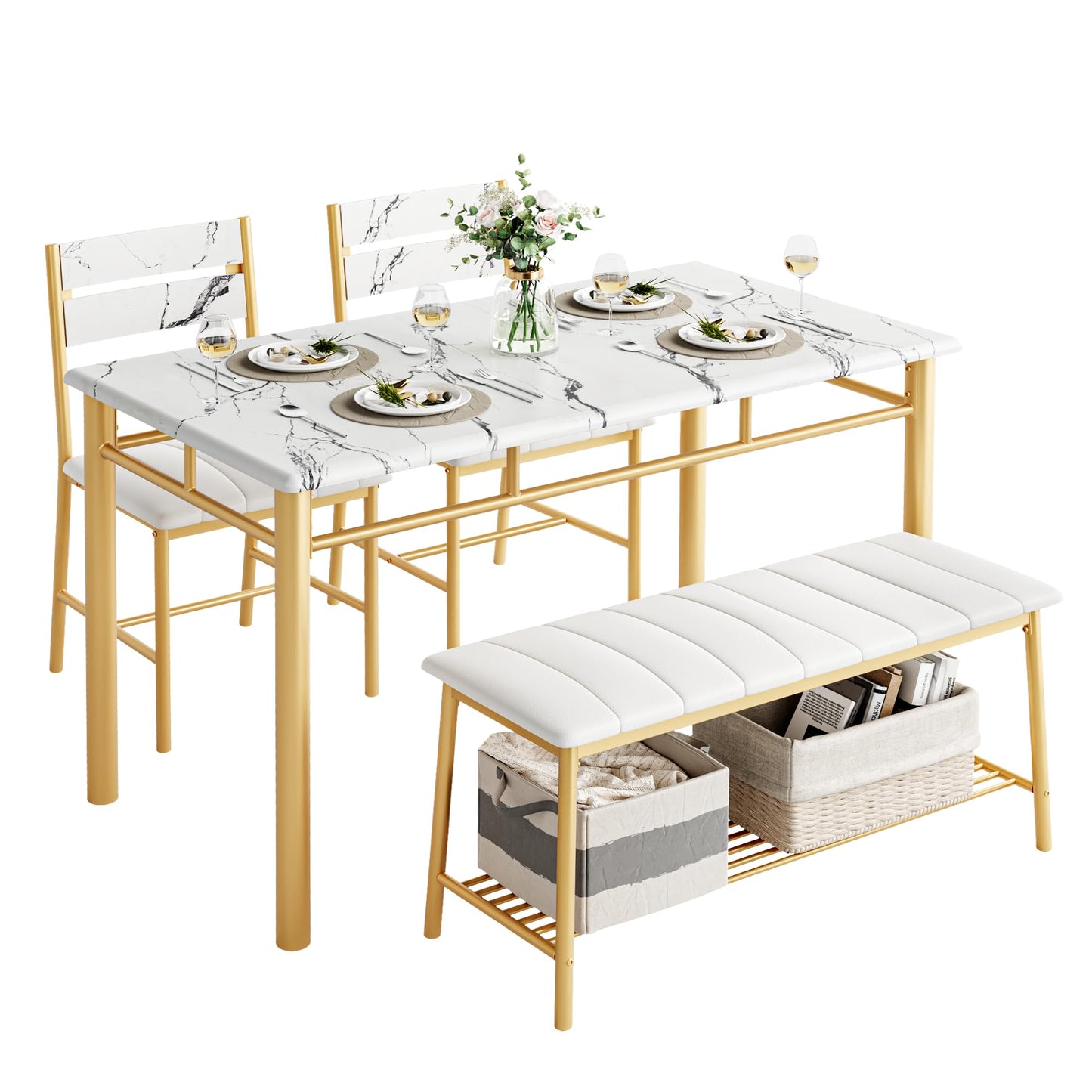 IRONCK Dining Table Set for 4, Kitchen Table with Upholstered Bench and 2 Chairs, Kitchen Table and Chairs Set for Small Space, Apartment, White & Gold