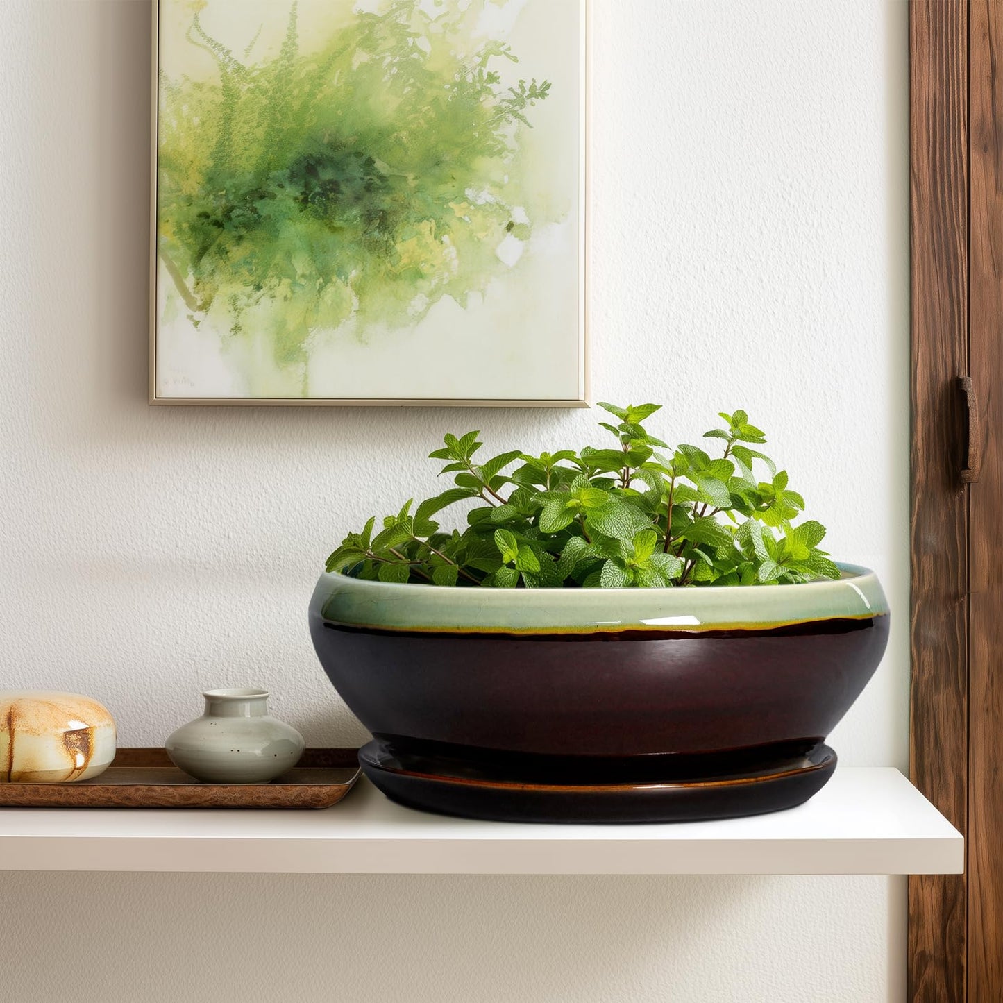 SQOWL Bonsai Pots 12 Inch - Large Ceramic Pots for Succulents with Drainage Hole and Saucer, Shallow Planter for Indoor Plants Outdoor, Round Planter Bowl, Office Decor, Gifts for Women, Green-Brown