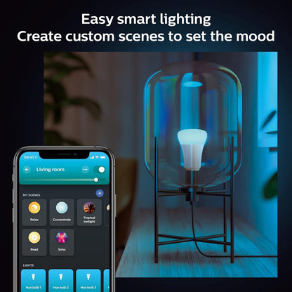 Philips Hue Smart Light Bulbs Starter Kit, Includes (1) Bridge, (2) 60W A19 Bulbs, White and Color Ambiance LED Color Changing Lights, 800LM, E26, Control with App or Voice Assistant
