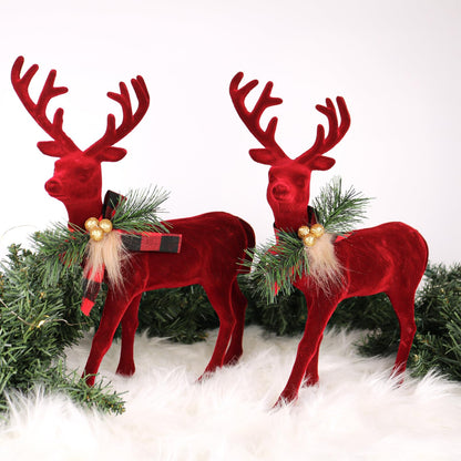 Lotus Hills 2 pcs Reindeer Christmas Decorations, Flocking Christmas Reindeer Figurines with Red Buffalo Plaid Bow, Deer décor Christmas Table Centerpieces Decorations