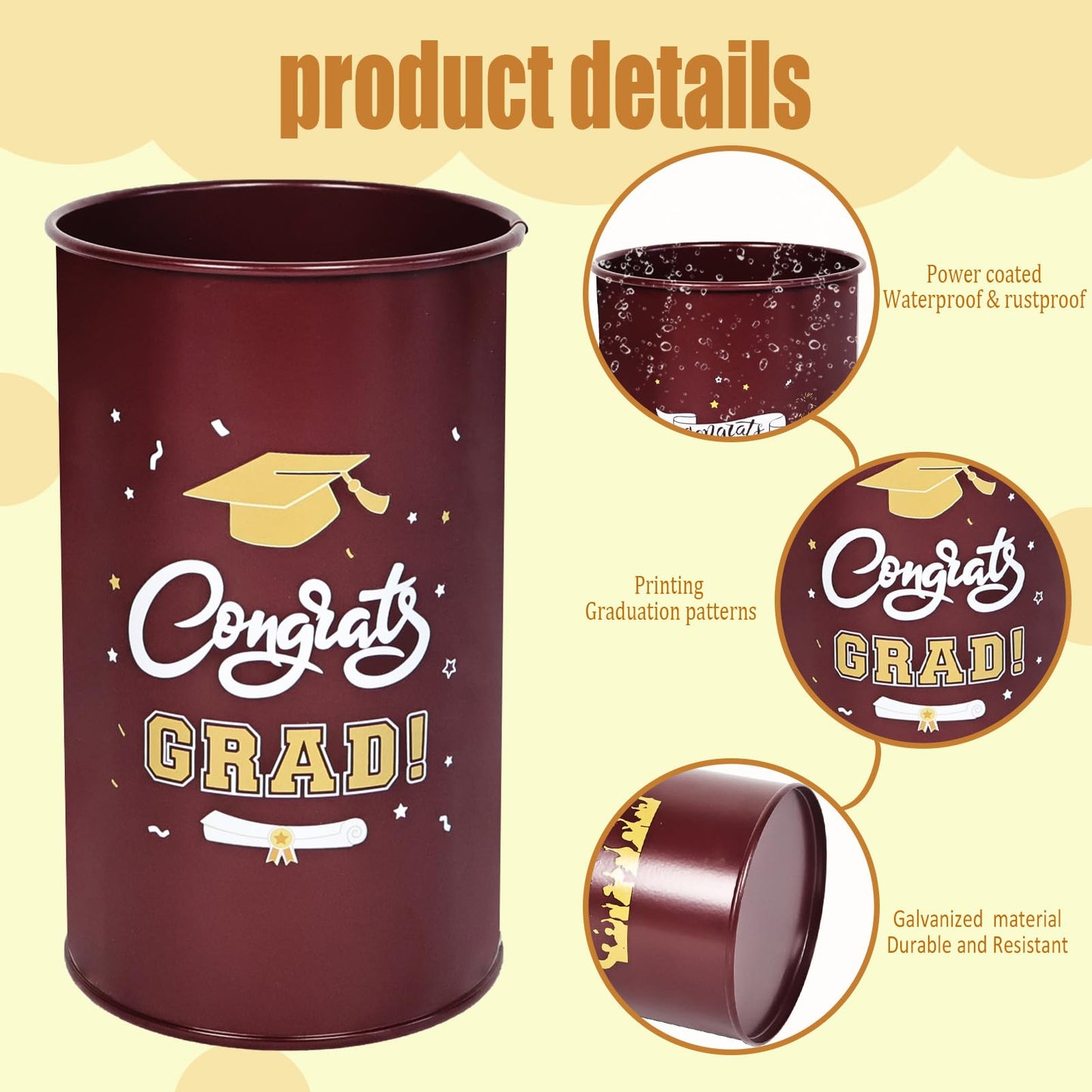 Pack of 6 Graduation Centerpieces Vase for Tables 2026, Galvanized Metal Tin Holder for Flowers Grad Caps Utensil, Congrats Grad Mason Jars for Home Party Decorations Supplies, Reddish Brown