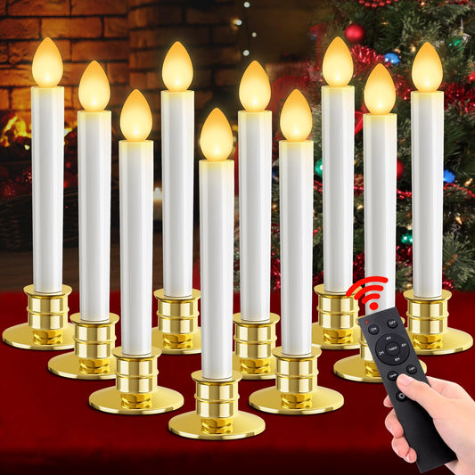 10 Pack Christmas Window Candles Lights Flameless Candle Battery Operated Candles with Remote Control Timer Gold Holders LED Candle for Party Table Top Xmas Thanksgiving Christmas Window Decorations