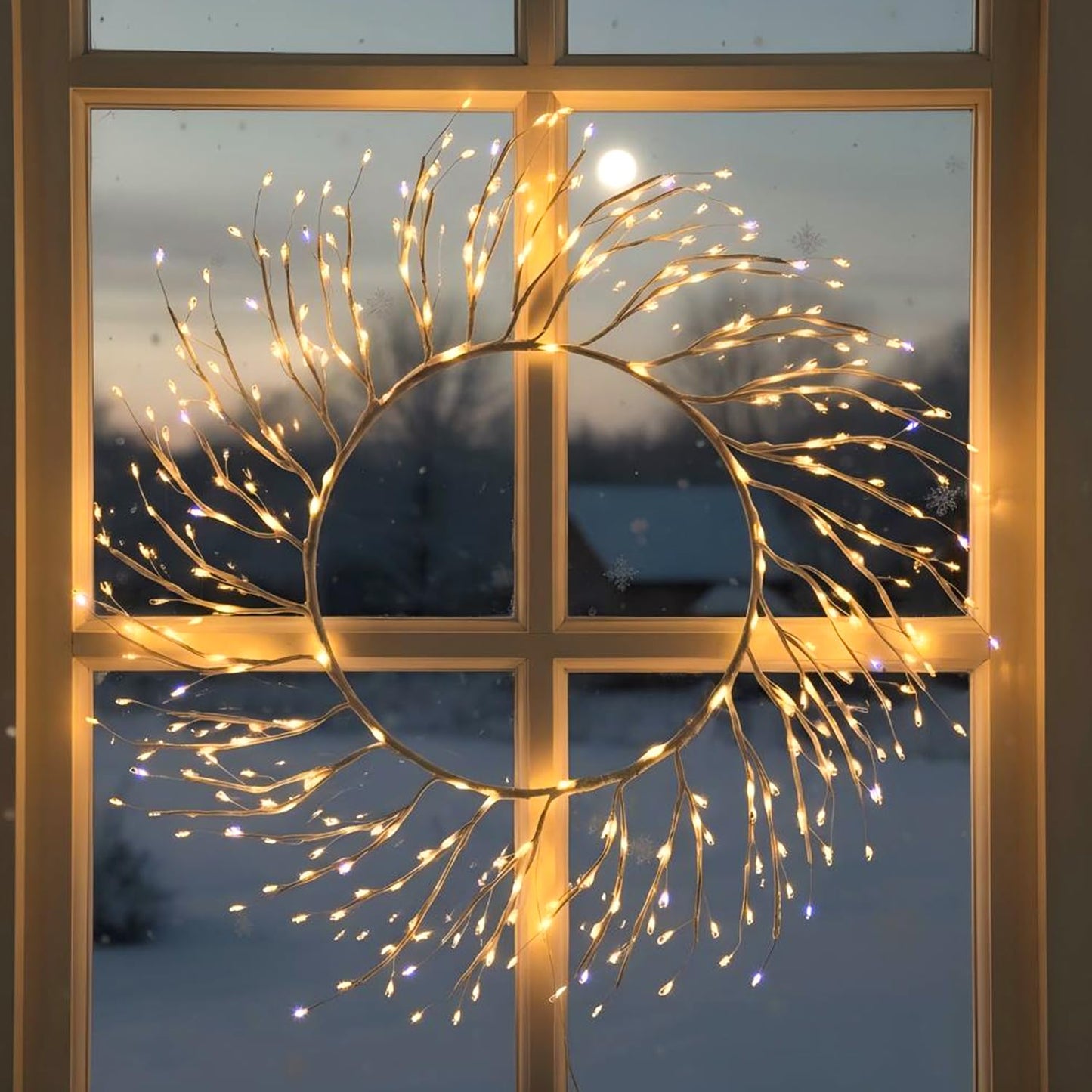 ooLALoo Christmas Window Lights Decorations, 22 Inch Christmas Wreath with 260 LED Fairy Lights, USB Operated Window Light Hanging for Holiday Wall Door Party Xmas Indoor Decor, White Twig