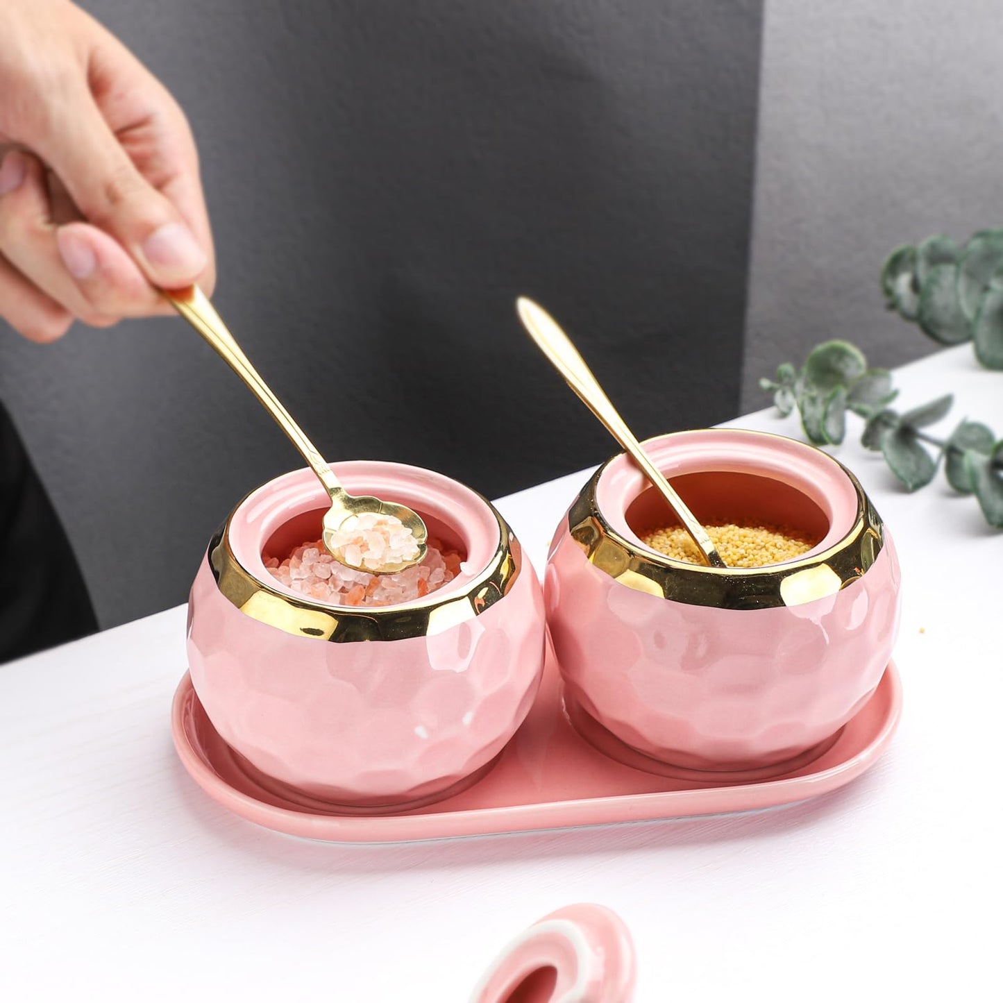 Sailench 10oz Ceramic Sugar Bowl, Golf Design Porcelain Salt Bowl Salt Container Sugar Bowl with Lid and Spoon for Home and Kitchen Coffee Bar (Pink (2pcs))