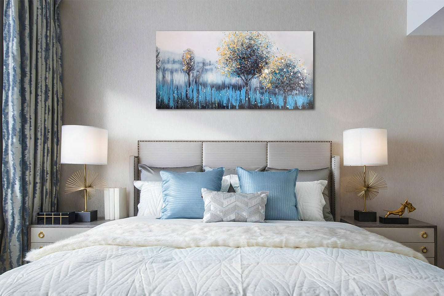 Arjun Tree Wall Art Canvas for Living Room Blue Tree of Life Nature Teal Abstract Textured Painting Picture Modern Panoramic Landscape Artwork Framed Bedroom Home Office Decor, Large Size 40"x20"