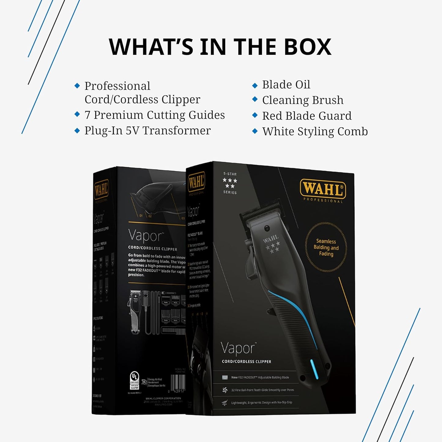 Wahl Professional 5 Star Vapor Clipper Corded and Cordless Operation F32 Adjustable Balding Blade Adaptable Speed