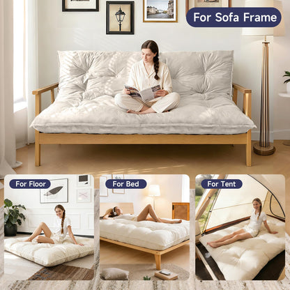 KOSRLY 6" Futon Mattress Full Size, Tufted Futons Sofa Couch Bed with Twisted Rope Design Edging,Versatile Floor Mattress for Adults，Shredded Foam Filling (Frame Not Included Beige, Queen)