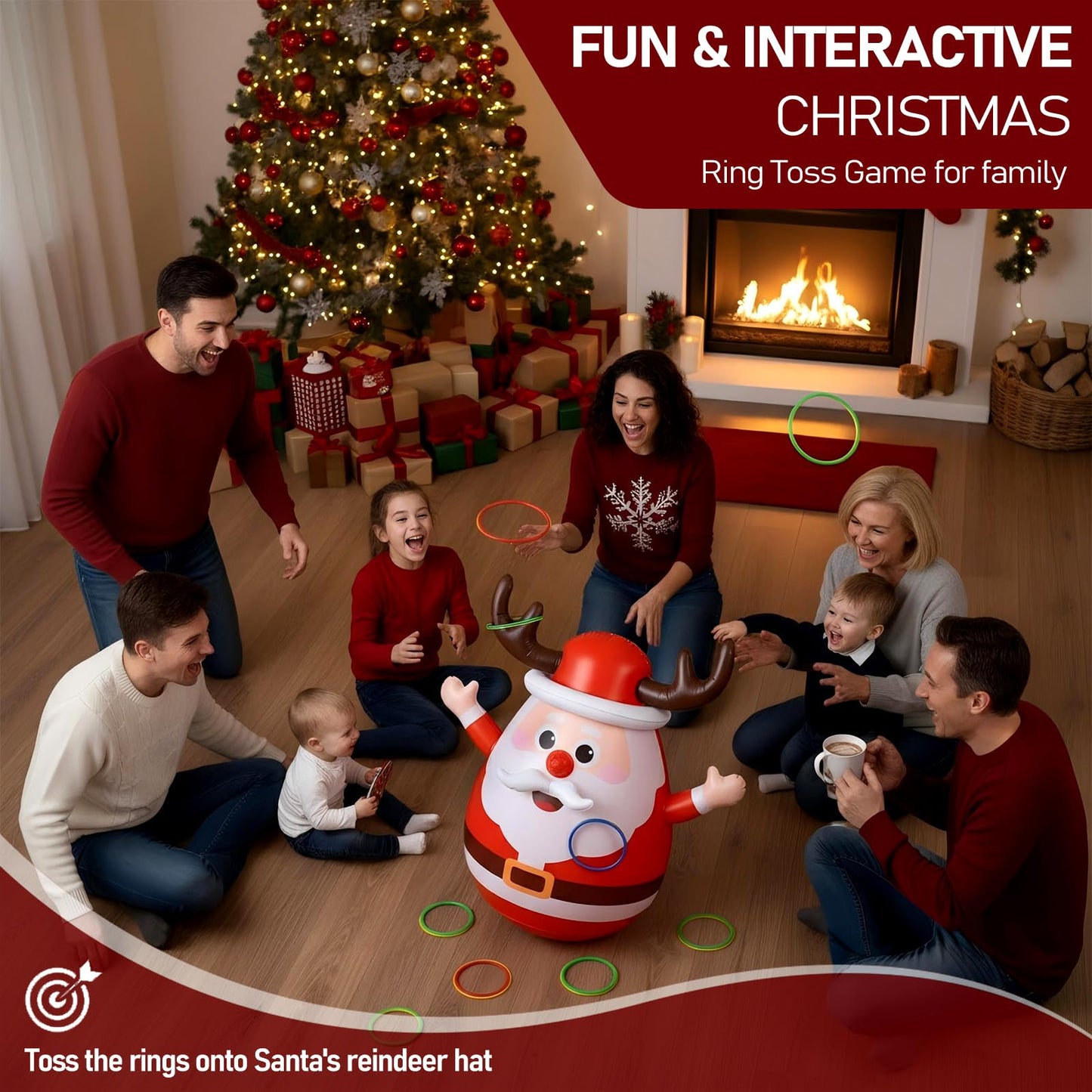 Inflatable Santa Reindeer Ring Toss Game with Wobbling Punching Bag, Christmas Party Game for Kids and Adults, Holiday Decoration