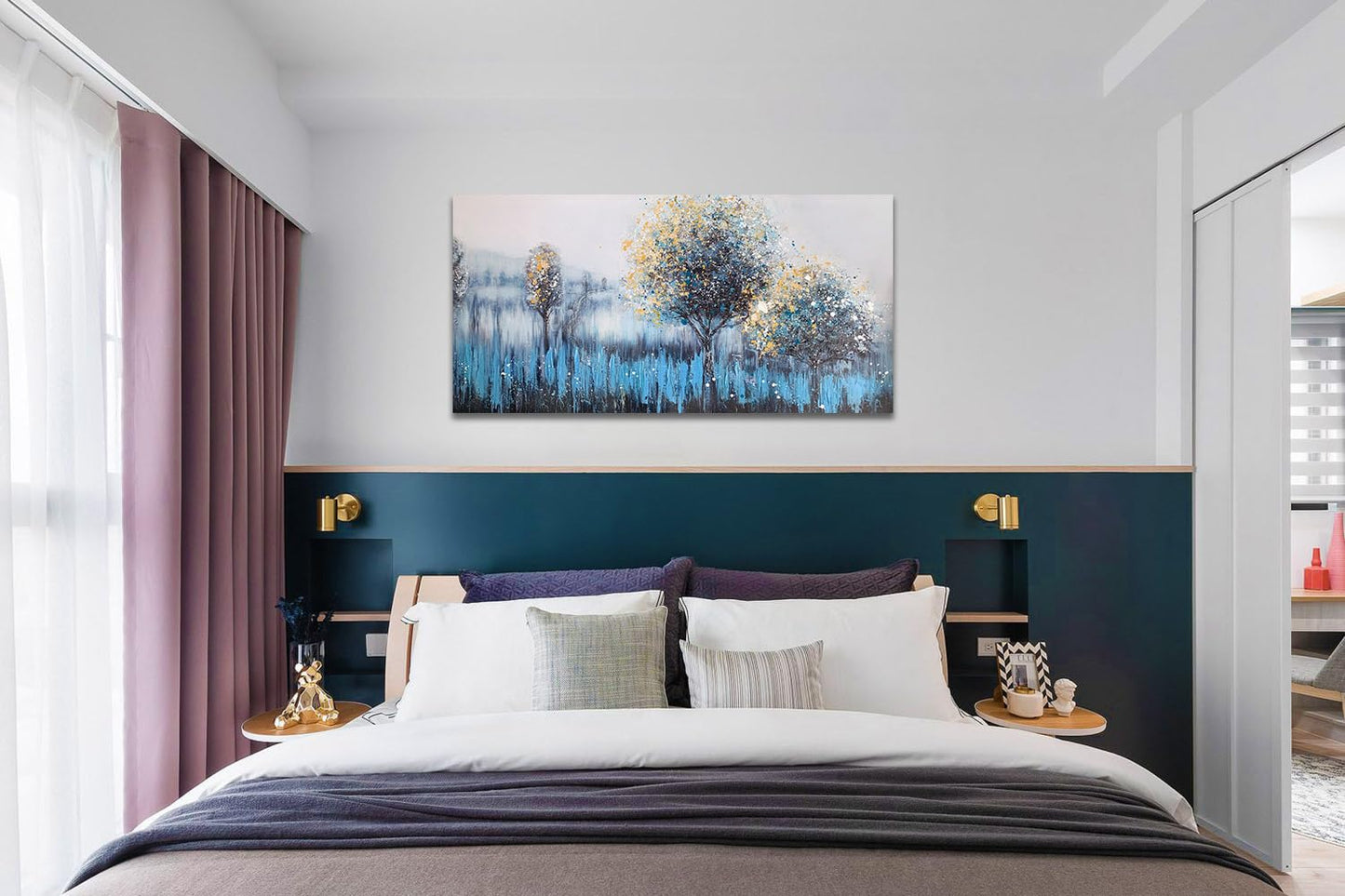 Arjun Tree Wall Art Canvas for Living Room Blue Tree of Life Nature Teal Abstract Textured Painting Picture Modern Panoramic Landscape Artwork Framed Bedroom Home Office Decor, Large Size 40"x20"