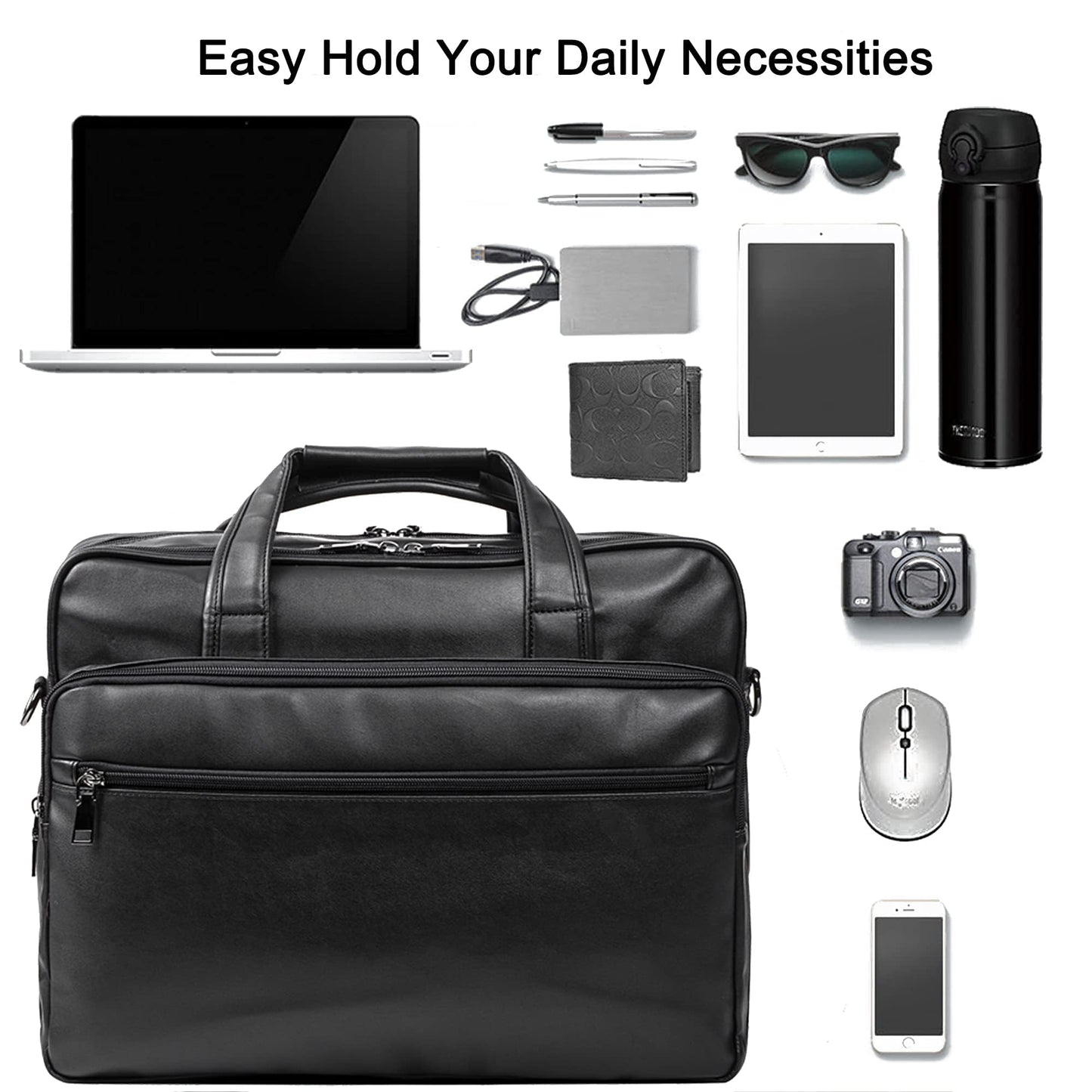 seyfocnia Leather Laptop Bag, Men's 17.3 Inch Messenger Briefcase Business Satchel Computer Handbag Shoulder Bag Fits 17.3 Inch Laptop Computer (Black)