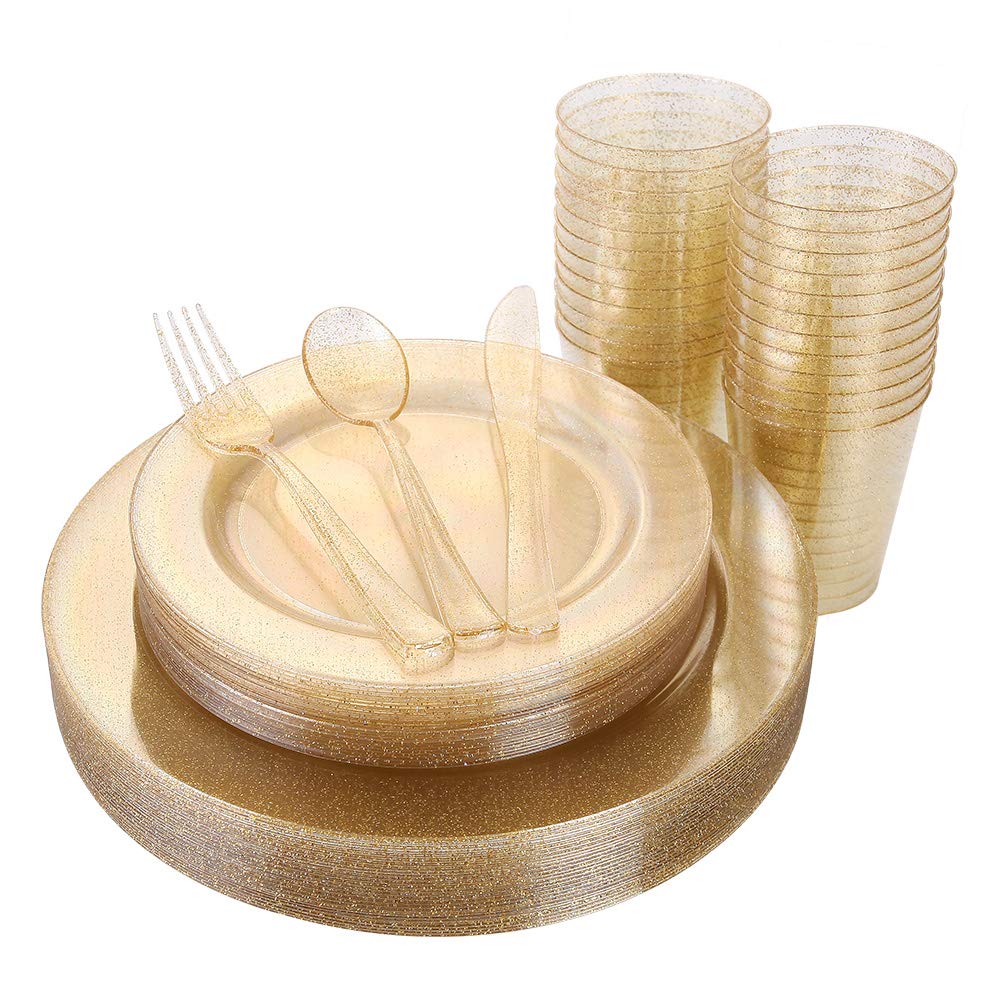 I00000 150PCS Gold Disposable Plates Silverware, Gold Glitter Dinnerware Set Include 25 Dinner Plates 10.25’’, 25 Dessert Plates 7.5’’, 25 cups 10 OZ, 25 Forks, 25 Knives, 25 Spoons for Wedding,Party