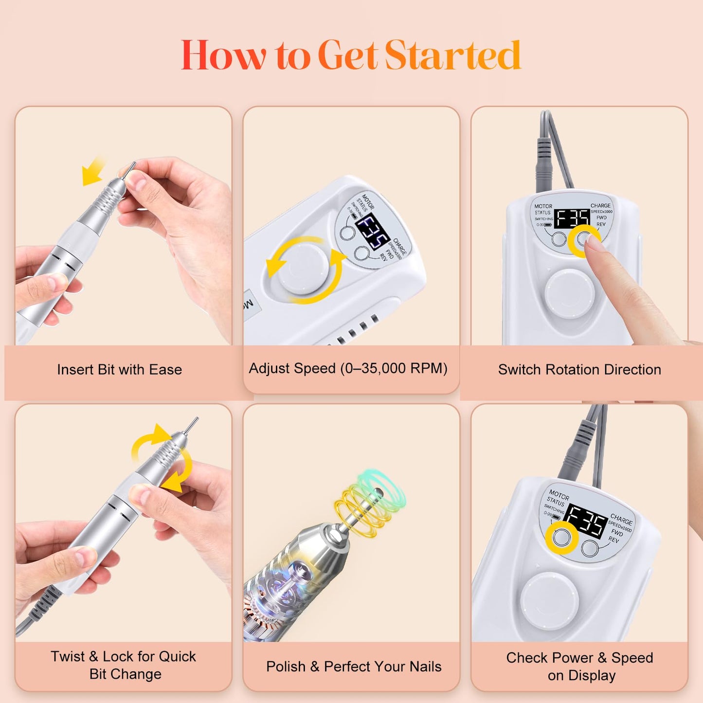 Professional Nail Drill Electric File:COYZU 35000RPM Portable Cordless Nail Drill Machine with Bits, Rechargeable E File for Acrylic & Gel Nails, Manicure & Pedicure Tech Tool for Home Salon, Pink