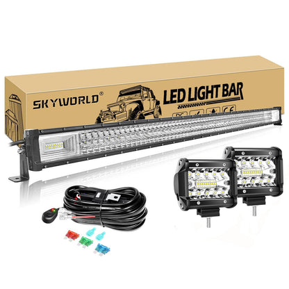 SKYWORLD 52 Inch Straight 675W Tri-Row LED Light Bar + 2PCS 4 Inch 60W Spot LED Pods - Spot/Flood Combo Beam, Off-Road Work Lighting for Trucks UTV ATV Boat,Included Wiring Harness