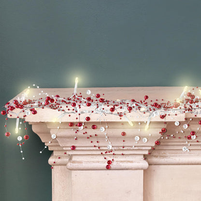 Mudder 10 Feet 30 LED Christmas Light Metal Berry Beaded Garland Indoor Christmas String Lights for Fireplace Mantel Indoor Xma Light Decorations(Red, White)