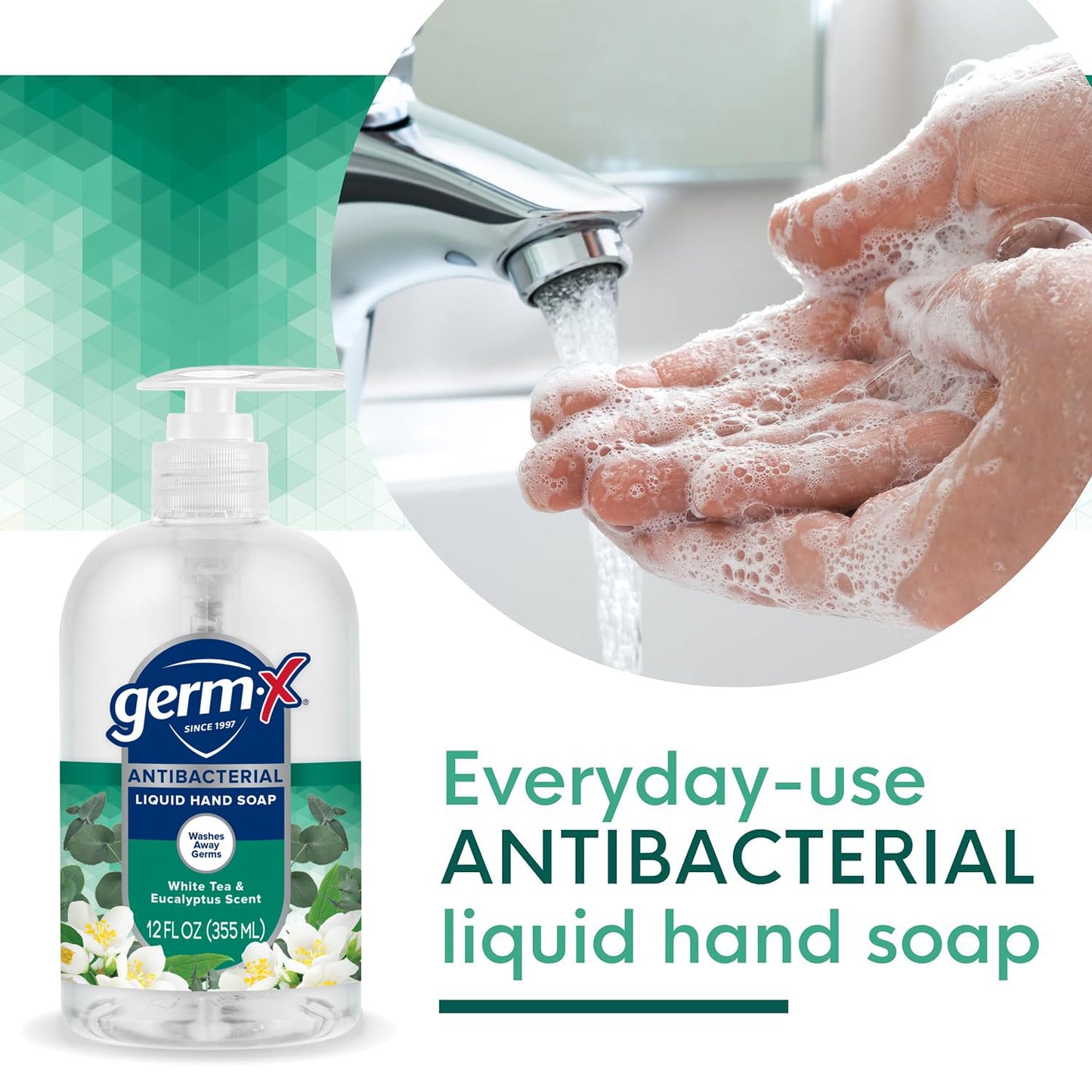 Germ-X Antibacterial Hand Soap, Moisturizing Liquid Hand Wash for Kitchen, pH Balanced & Dermatologist Tested, Back to School Supplies, White Tea & Eucalyptus, 12 oz Pump Bottle (Pack of 4)