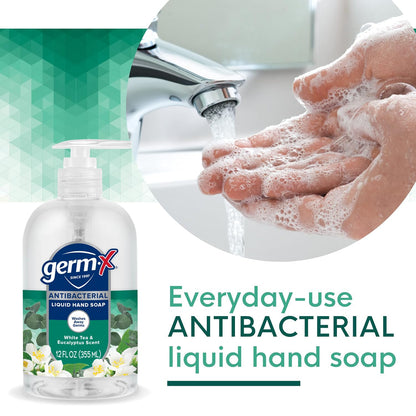 Germ-X Antibacterial Hand Soap, Moisturizing Liquid Hand Wash for Kitchen, pH Balanced & Dermatologist Tested, Back to School Supplies, White Tea & Eucalyptus, 12 oz Pump Bottle (Pack of 4)