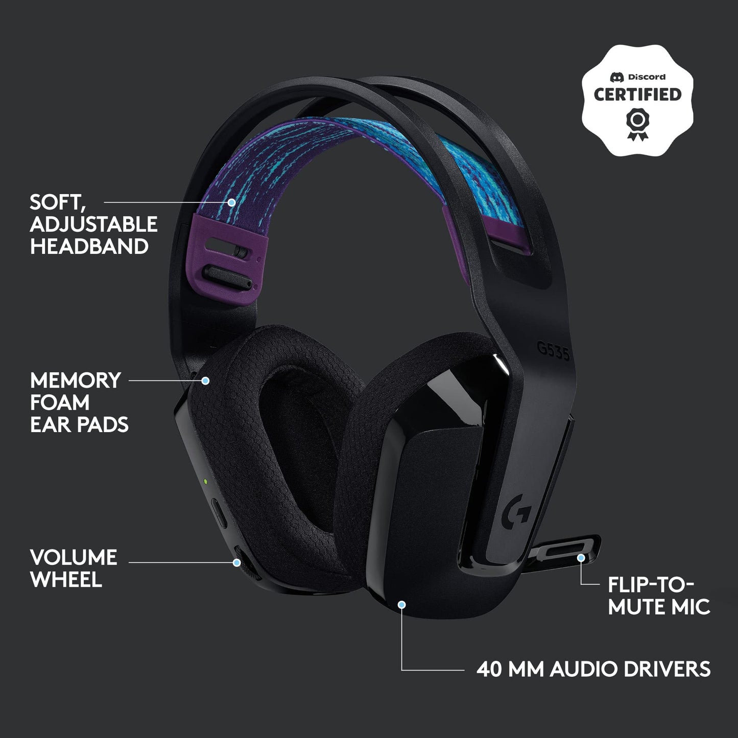 Logitech G535 Lightspeed Wireless Gaming Headset - Lightweight on-Ear Headphones, flip to Mute mic, Stereo, USB Rechargeable - Black