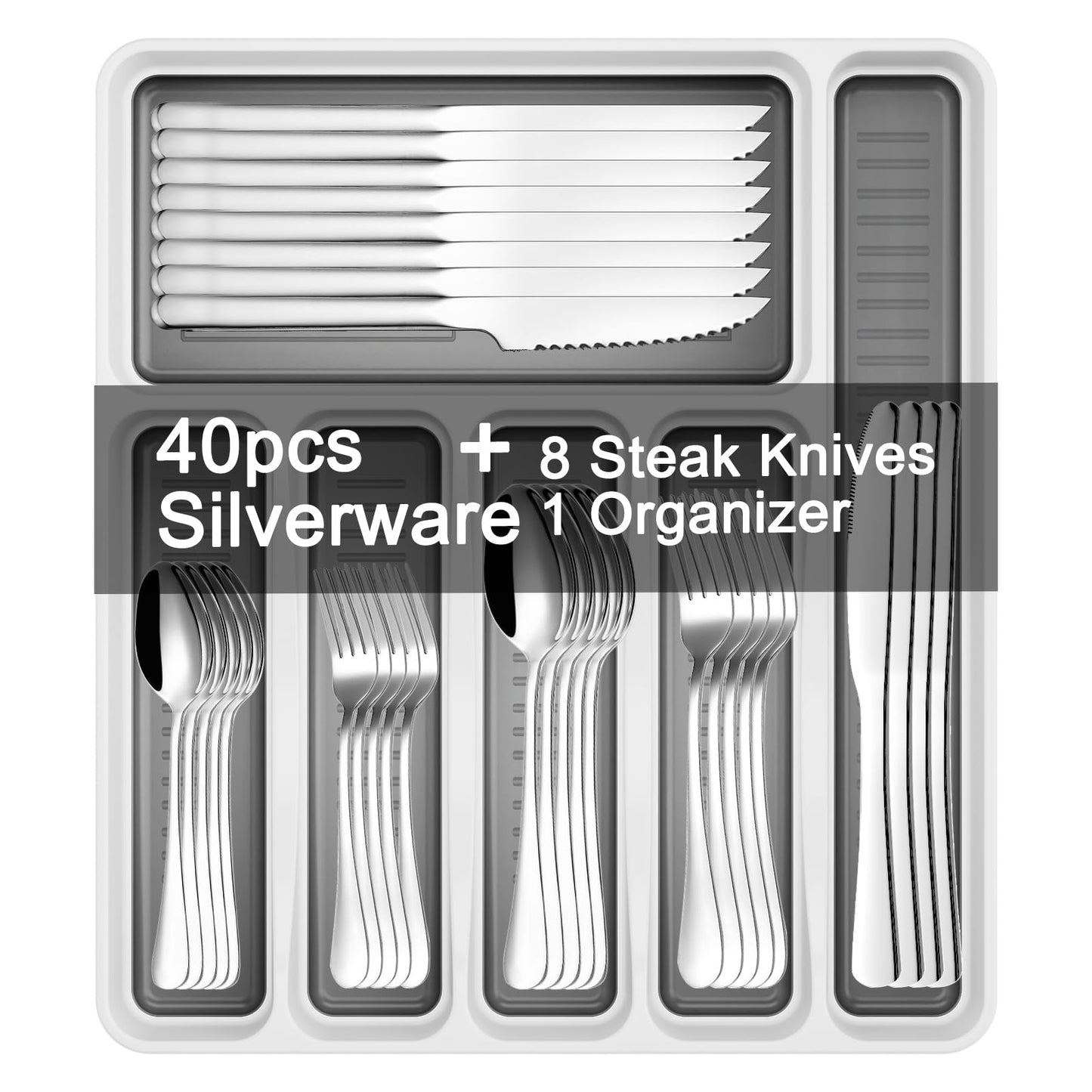 49-Piece Stainless Steel Silverware Set with Cutlery Organizer, Service for 8 with Steak Knives and Kitchen Utensils