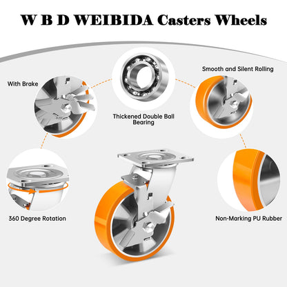 W B D WEIBIDA 6 Inch Industrial Grade Casters Set of 4, Heavy Duty Casters Wheels with Brake 5000 Lbs, Maintenance-Free Polyurethane on Aluminum Wheels, Plate Swivel Casters for Machine, Equipment