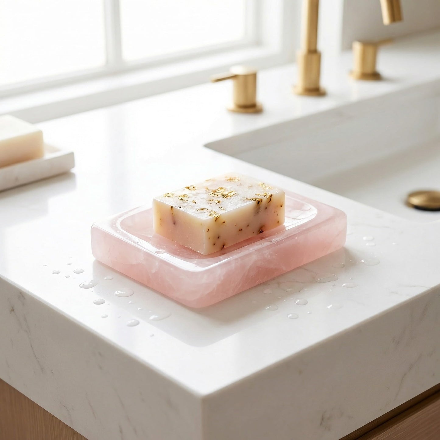 Lierlava Small Rose Quartz Soap Dish & Ring Holder - 4.3" Natural Pink Crystal Jewelry Tray - Mini Stone Decorative Dish for Bathroom Vanity & Nightstand