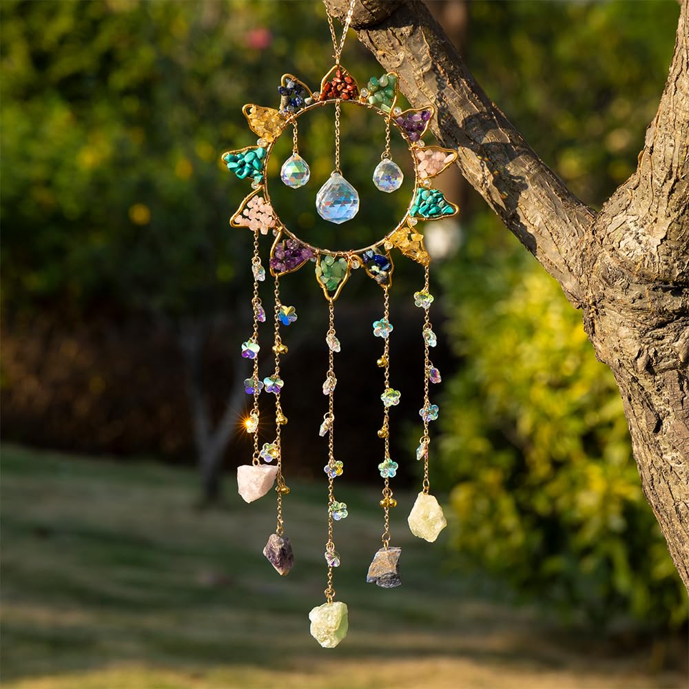 7 Chakra Crystal Sun Catcher Hanging Decor, Rainbow Maker with 3 K9 Crystal Prism Balls & Natural Crystal Stone, Wall and Window Decor Ornament for Home, Bedroom, Balcony, Handmade Gift.