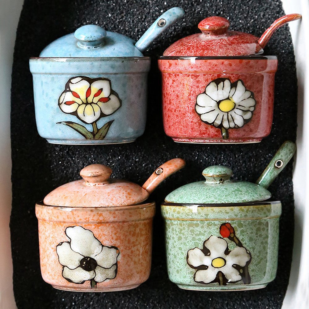 Ceramic Flower Sugar Salt Pepper Storage Jar Seasoning Pot with Spoon