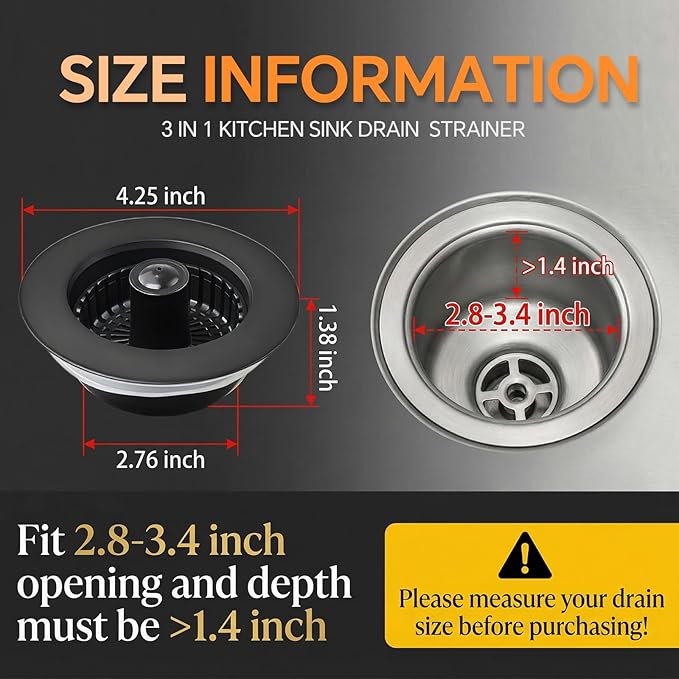 Kitchen Sink Stopper, 3 in 1 Pop Up Kitchen Sink Drain Strainer,