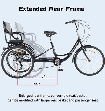 DONGSHAN Tricycle Adult Folding Bicycle Comfortable seat 3 Wheel Bicycle Rear Enlarged Vegetable Basket Double Chain 20/24in for Parents and Children Maximum Load 440lbs 7speed (24in-Blue)