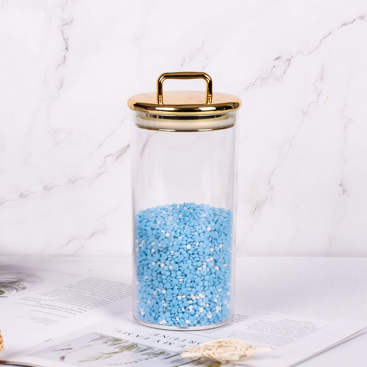 32 oz Large Acrylic Storage Apothecary Jar with Gold Airtight Lid | Bathroom Vanity Organizer Containers | Ideal Decorative Canisters for Shells, Bath Salt, Grains, Cotton Ball, Flossers