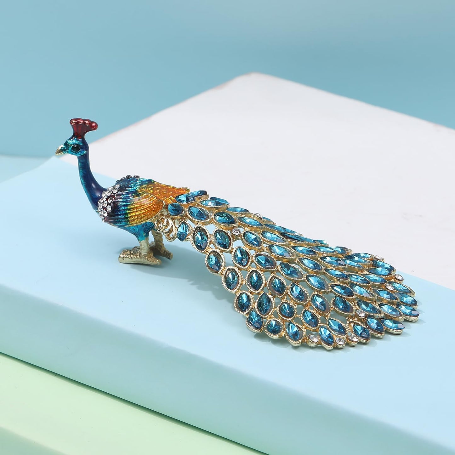 SEVENBEES Enameled Peacock Jewelry Box - Hand Painted Collectible Figurine with Crystal Rhinestones, Women and Girls for Rings and Earrings Valentine Decor Gifts