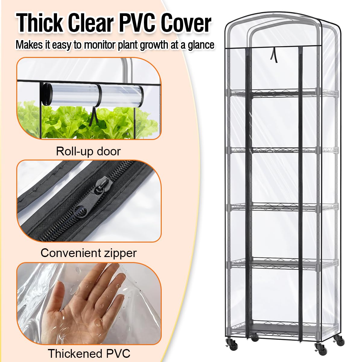 CUVERC Mini Indoor Greenhouse with Grow Light & PVC Cover Portable Small Greenhouse with Shelves Adjustable 5 Tier Metal Plant Stand with Grow Light for Indoor Plants, Seed Starting,16.5"x11.4"x56.3"