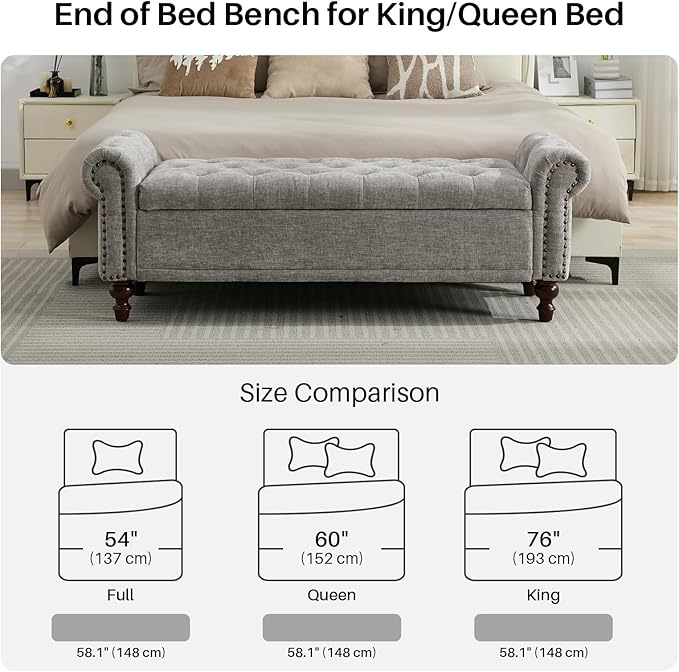SOFTHION 58.1" Storage Bench Upholstered Chenille End of Bedroom Bed Bench