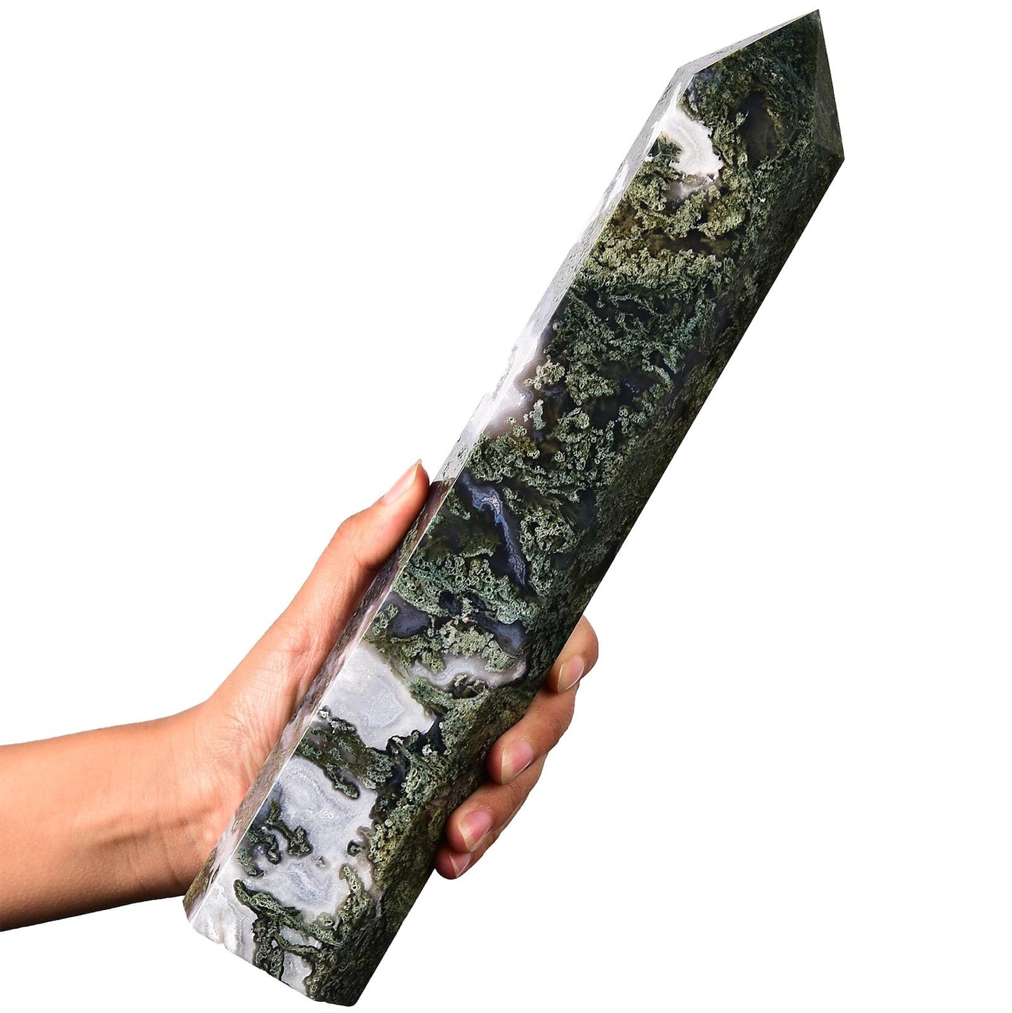 AMOYSTONE Extra Large Healing Crystal Obelisk Towers Moss Agate Point Wand Home Decor Reiki Healing 4.0-4.4LBS