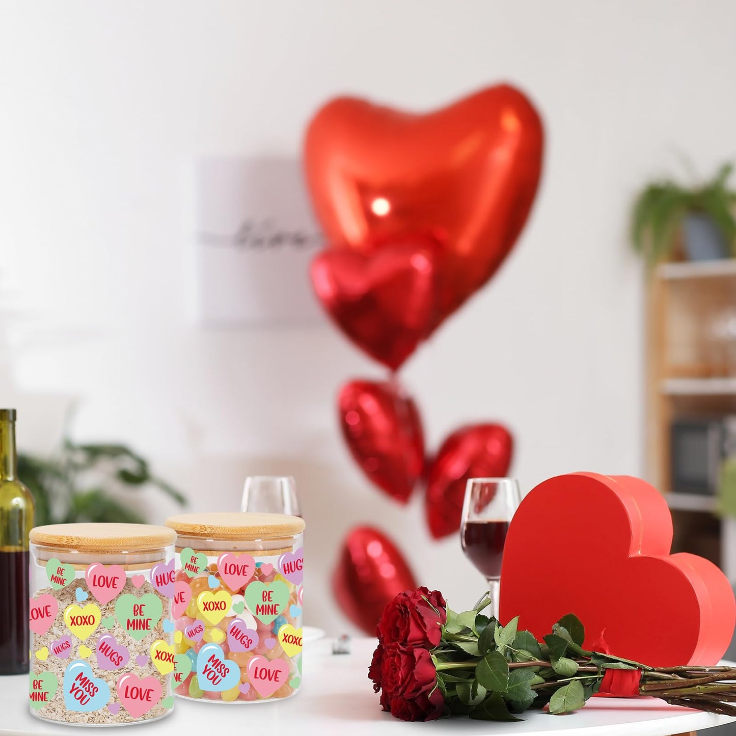 JarThenaAMCS 3Pcs Valentine Glass Storage Jars With Airtight Lid Pastel Conversation Heart Decorative Canisters Sets For Home Kitchen Countertop