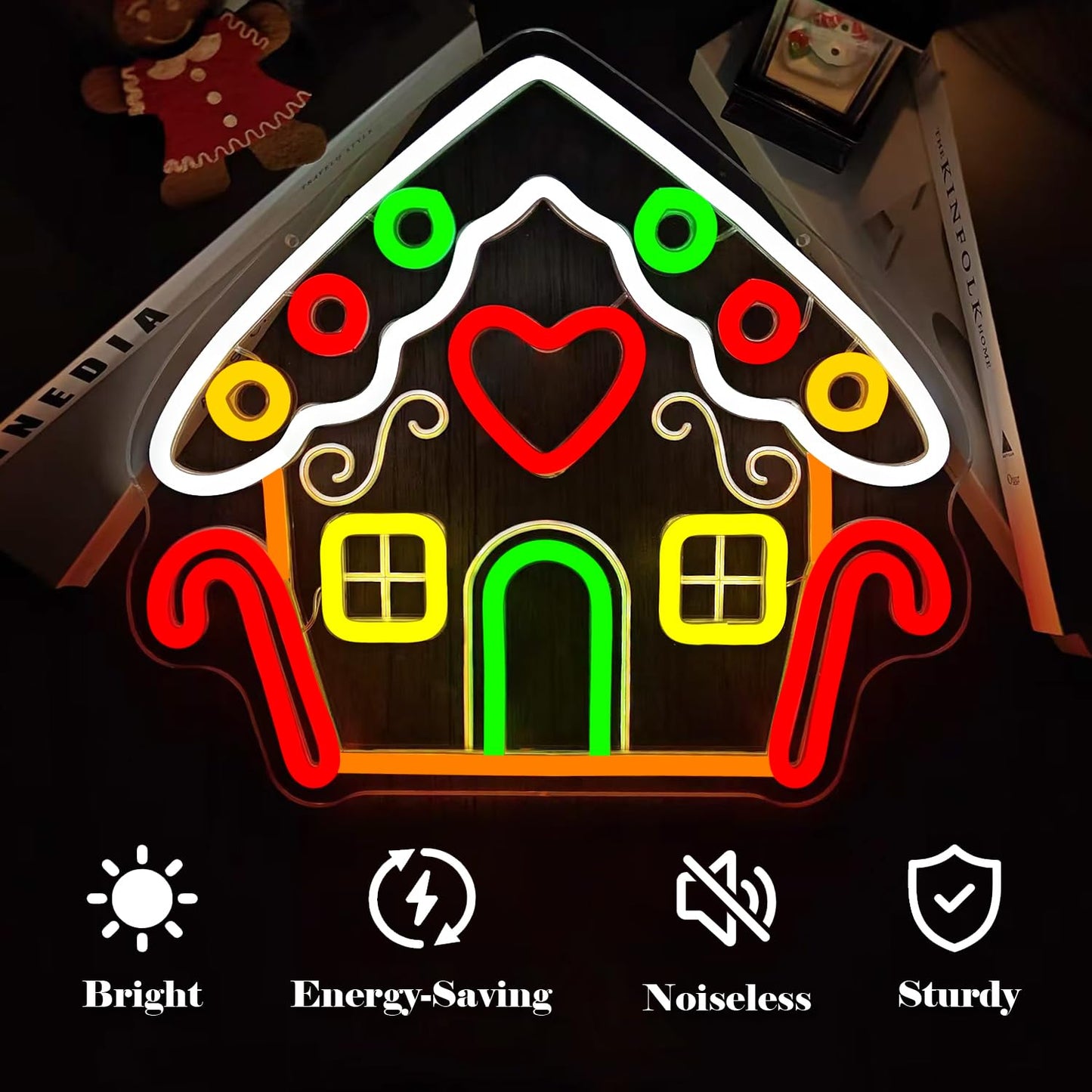 Vveikea Gingerbread Houses Neon Sign Neon Christmas Sign Dimmable Neon Lights Lighted Gingerbread House Xmas Light Up Sign Led Christmas Window Decorations
