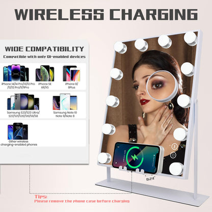 COOLJEEN Makeup Mirror Vanity Mirror with Lights - 12 Led Bulbs Lighted Hollywood Mirror, 10X Magnification,3 Color Modes, Touch Control, Women Gift (White)