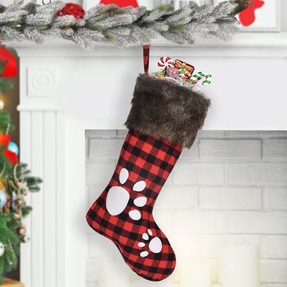 WORLDECO Christmas Stocking 2025 Ornaments, Handmade Dog Footprints Pattern Sock with Faux Fur, Xmas Winter Party Decorations Gifts, Santa Plush Decor, 20 inch, Red