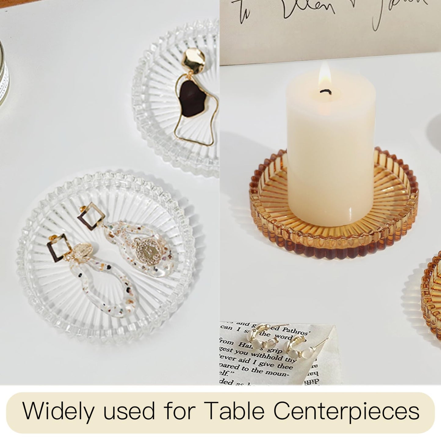 CHOCSTAY Glass Pillar Candle Holder, 4" Amber Candle Plates Set of 3, Glass Candle Holders for Wedding, Party, Holiday, Home Decor, Table Centerpiece