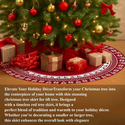 Lizuart Christmas Tree Skirt 48 Inches | Red Xmas Tree Skirt with Rustic Snowflake & Reindeer Pattern, Fits 5 to 7 Foot Trees, Perfect Christmas Decorations for Holiday Trees.