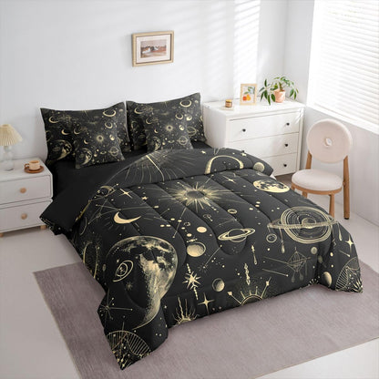Erosebridal Galaxy 7 Piece Bedding Set Queen Sun Moon Comforter Set with Sheets Starry Sky Bed in A Bag Grunge Style Bed Sets with 2 Pillowcases, 2 Throw Pillow Covers