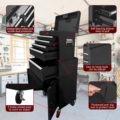 5-Drawer Rolling Tool Chest, 2-in-1 Detachable Top Tool Cabinet with Removable High Capacity Storage, Sliding Drawers, Wheels, Locking System & Liners for Workshop, Mechanics, Garage and Warehouse Use
