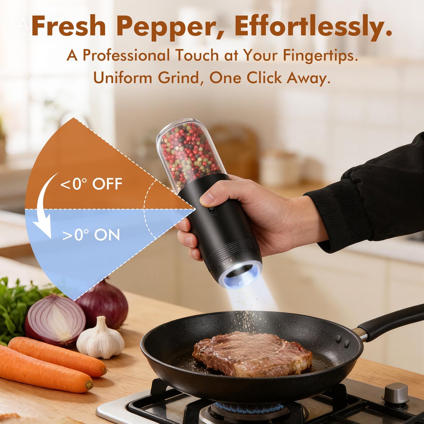 Electric Salt and Pepper Grinder Set, Automatic Gravity Sensor Grinder with Rechargeable Base, External Adjustable Coarseness (6 Levels), LED Light, Automatic Shakers for Kitchen & Outdoor