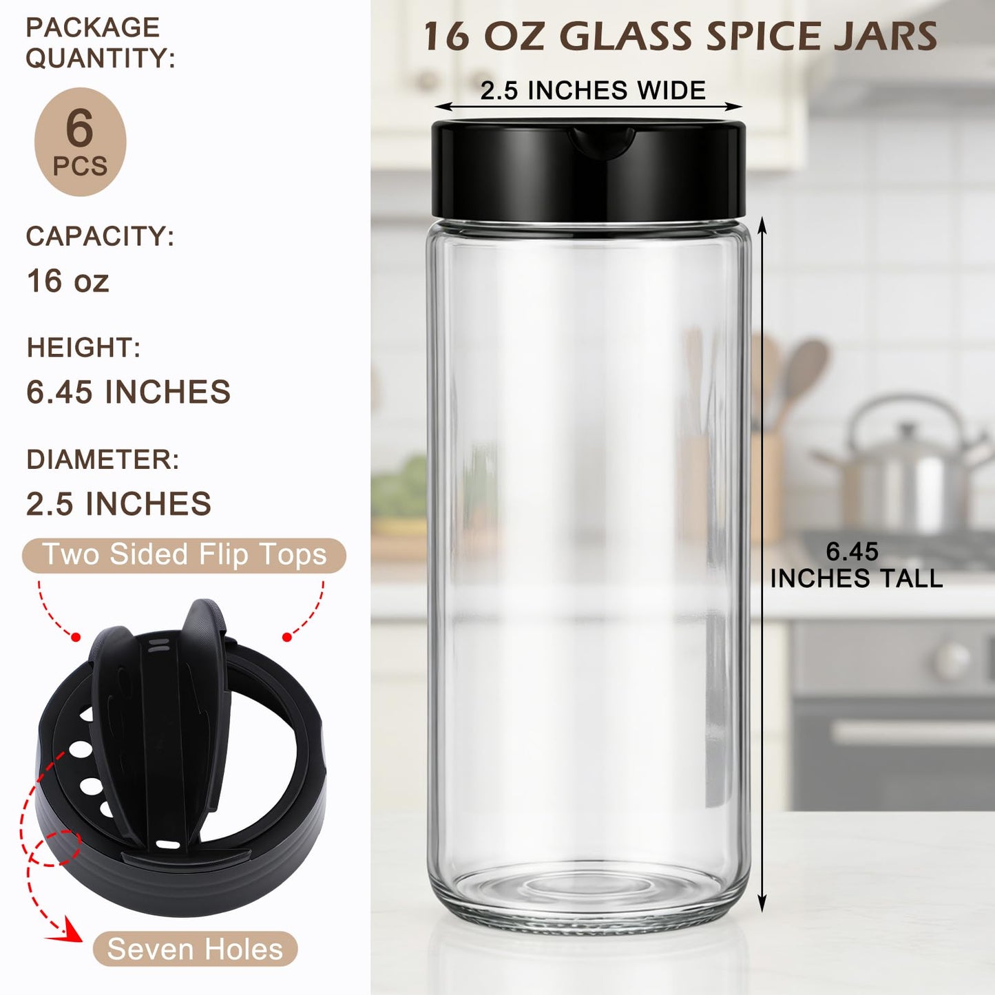 Acellegic 6 Pack 16 oz Glass Spice Jars with Shaker Tops Lids Large Spice Bottle with Lids for Kitchen, Herbs, Sugar, Pantry Herb Salt Pepper Storage (Round)