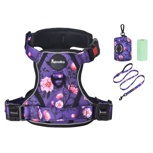 Petmolico No Pull Dog Harness Set with Leash Attachment Easy Control Handle Reflective Harness Vest Small Breed, Puppy Vest and Leash Set with Poop Bag Holder, XS - Purple Peach